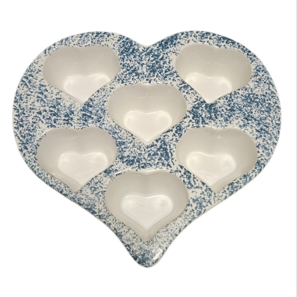 Vintage Heart Shaped Stoneware Muffin Cupcake Baking Pan Blue Spongeware